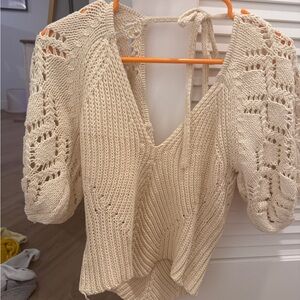 Astr Cream Crochet-Detail V-Neck Sweater